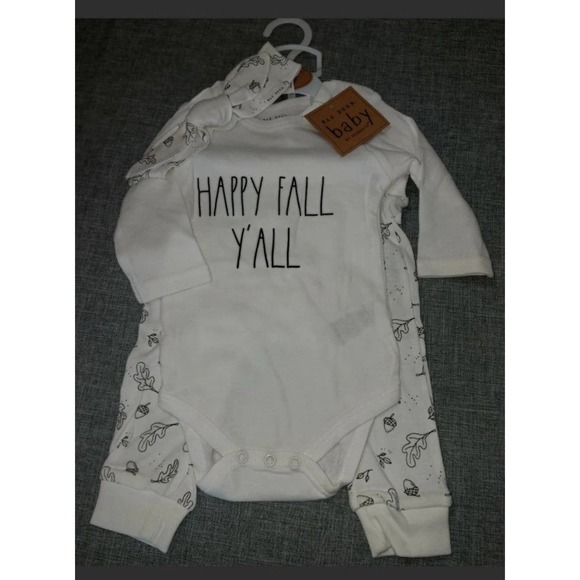 Baby 3-6 nwt Rae Dunn 3 piece set Happy fall y'all baby shower bow pants onesie - Picture 3 of 12